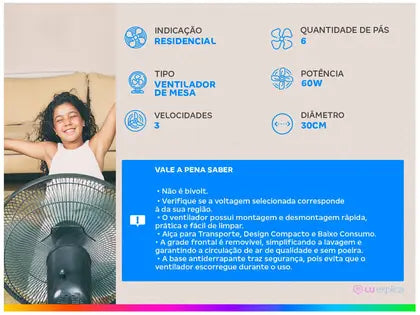 Ventilador de Mesa Super Power 30cm 3 Velocidades Branco